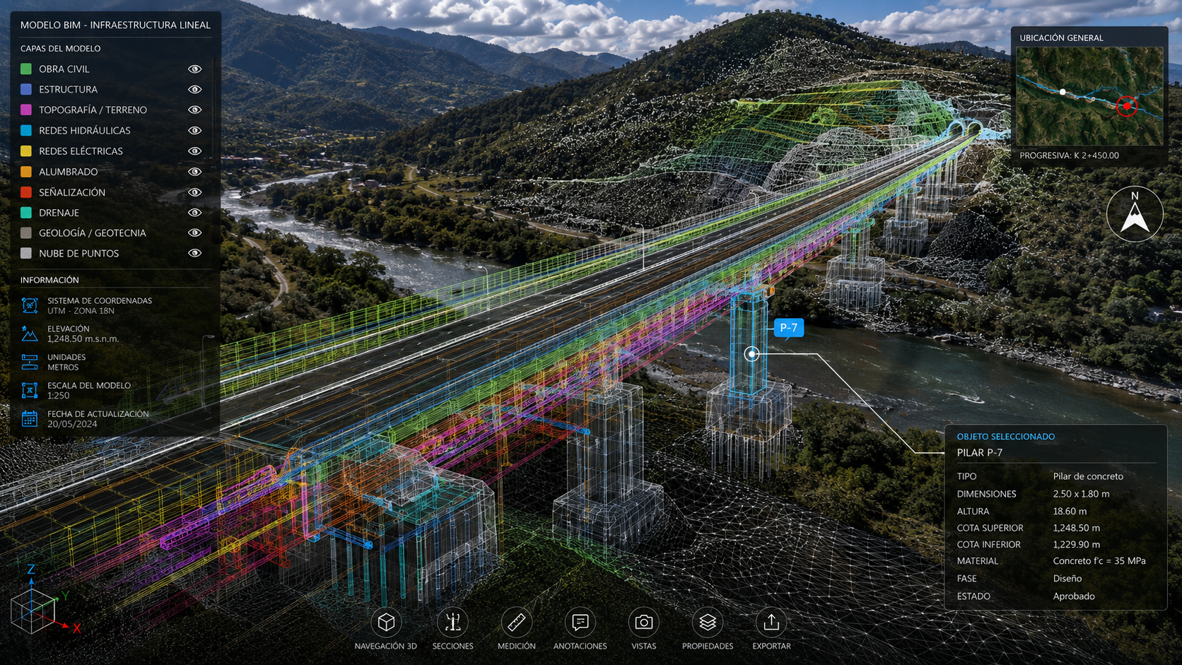 Visualización BIM de puente en valle montañoso