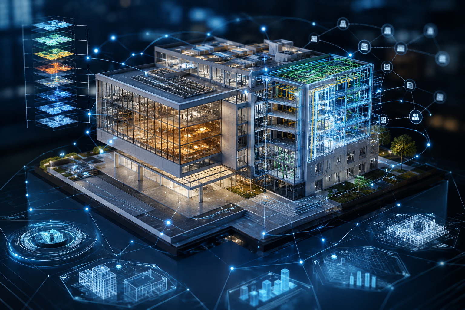 Edificio futurista con interfaz holográfica